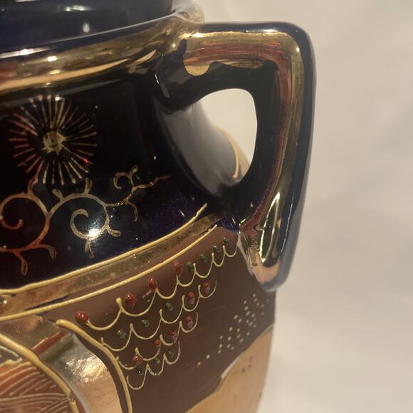 Antique Satsuma Pottery Vase Japan Cobalt Hand Painted Gold w/ Handles 8.5" - Picture 10 of 11